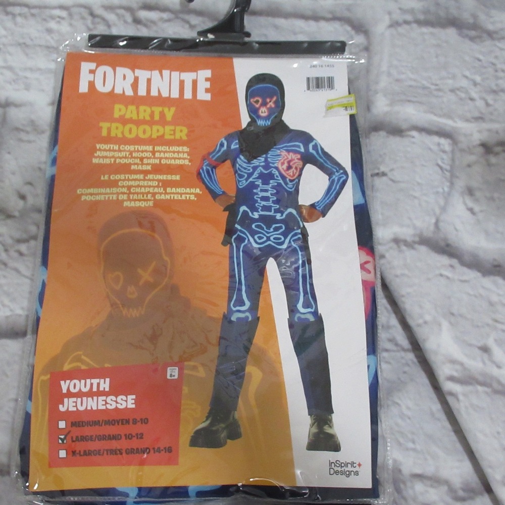 Fortnite Party Trooper Costume Youth Large 10-12 Blue New Skeleton Halloween
